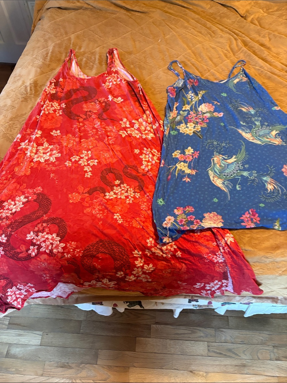 Johnny Was Coral Red Floral nightgown and blue, nightgown-slip dress